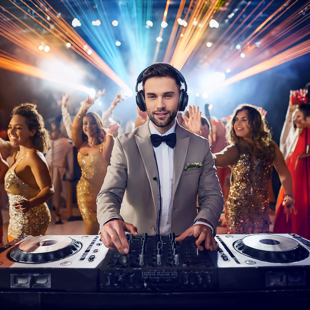DJ am Mischpult vor einer tanzenden Abiballgesellschaft im festlich beleuchteten Saal.