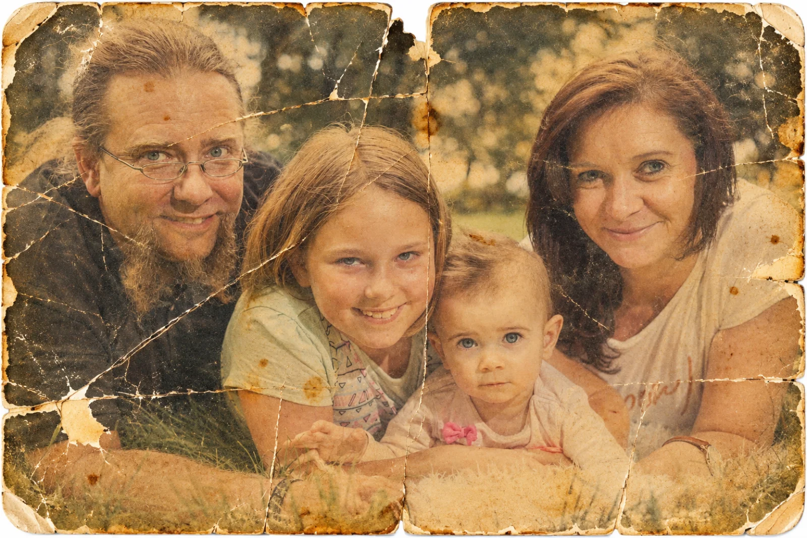 Familienfoto mit Rissen, Knickstellen und verblassten Farben.
